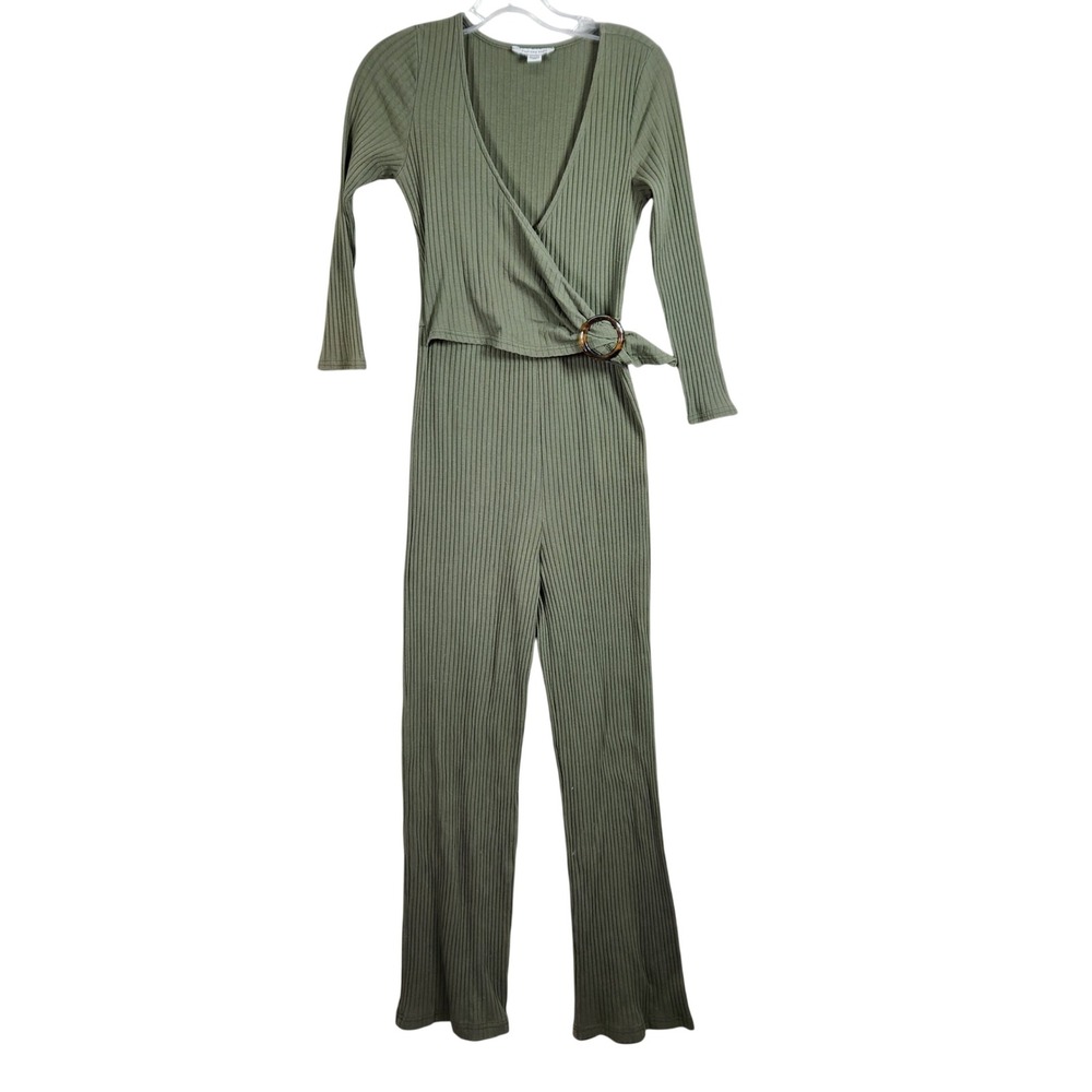 American‎ Eagle Jumpsuit Womens XS Green Ribbed Wrap Tortoise Buckle Boho
